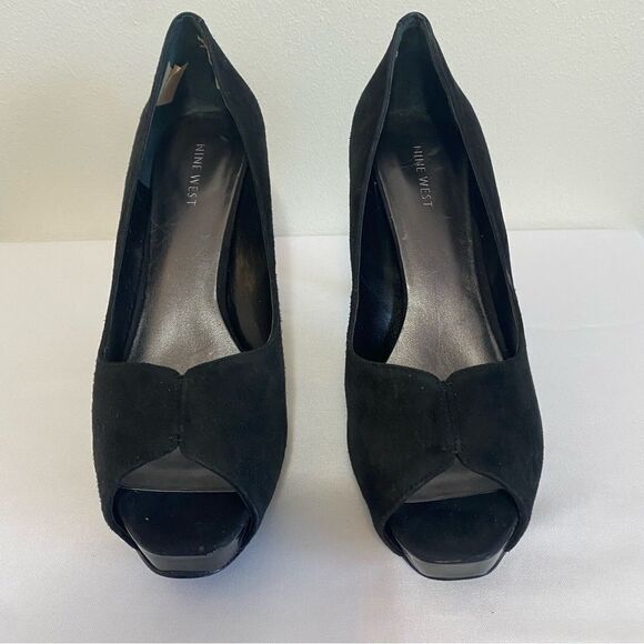 NINE WEST Bonfired Black Suede Peep toe Heels - Picture 2 of 12